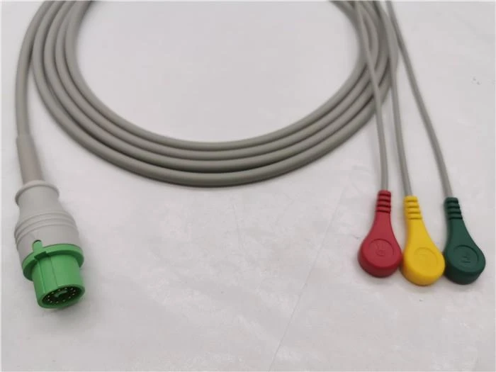 Mindray Compatible 12 Pin ECG Transducer Cable 3 Leads Snaps
